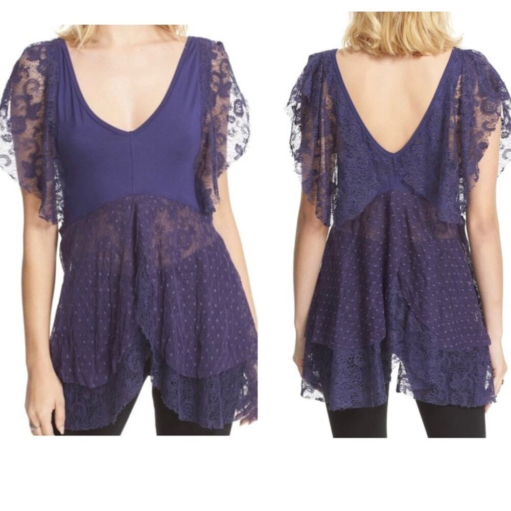 NEW Free People Sheer Heatherton Lace Top Fairy Wing Festival Ruffle Tunic Large